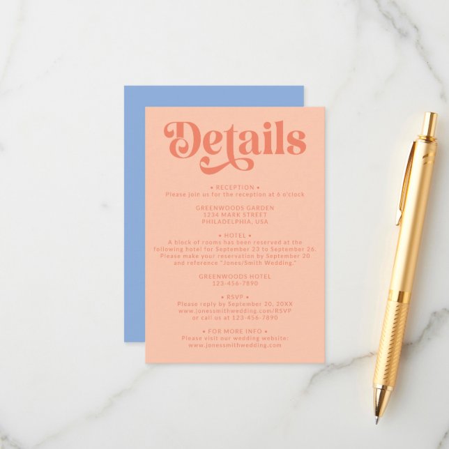 Retro Modern Peach and Blue Wedding Details Enclosure Card (Front/Back In Situ)