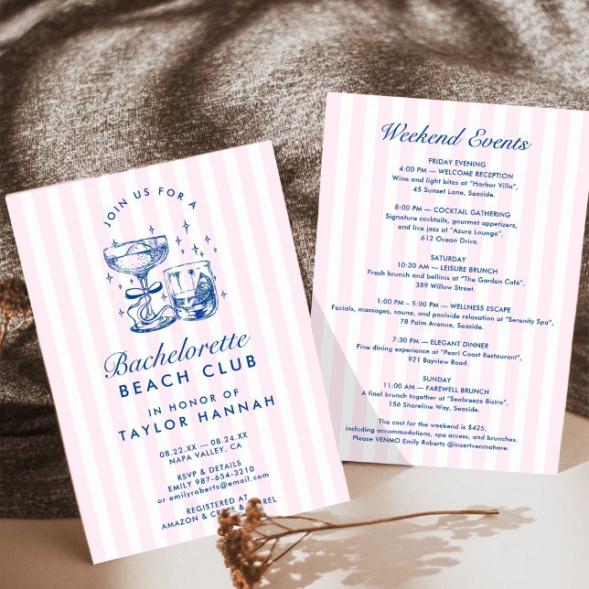 Retro Modern Pink & Blue Bachelorette Weekend Invitation (Creator Uploaded)