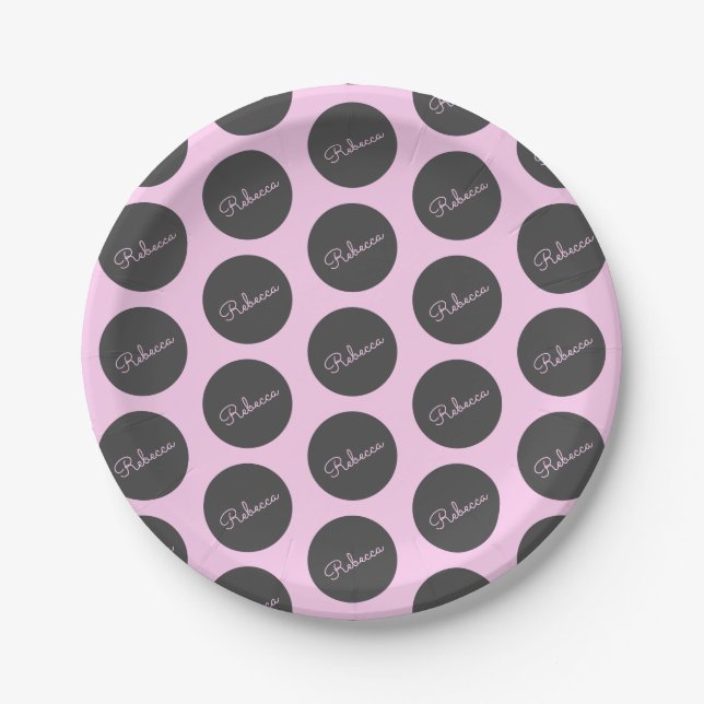 Retro-modern Pink & Grey Modern Polka Dot Design Paper Plate (Front)