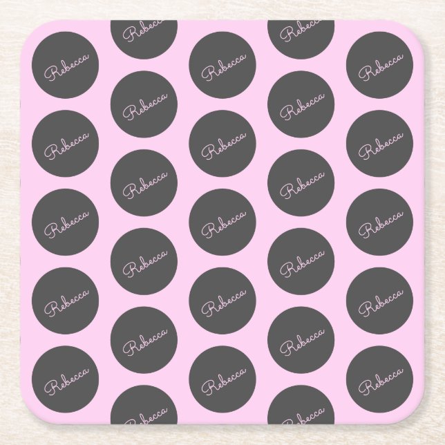 Retro-modern Pink & Grey Modern Polka Dot Design Square Paper Coaster (Front)