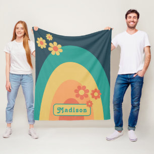 Retro Modern Rainbow Daisy Name Fleece Blanket