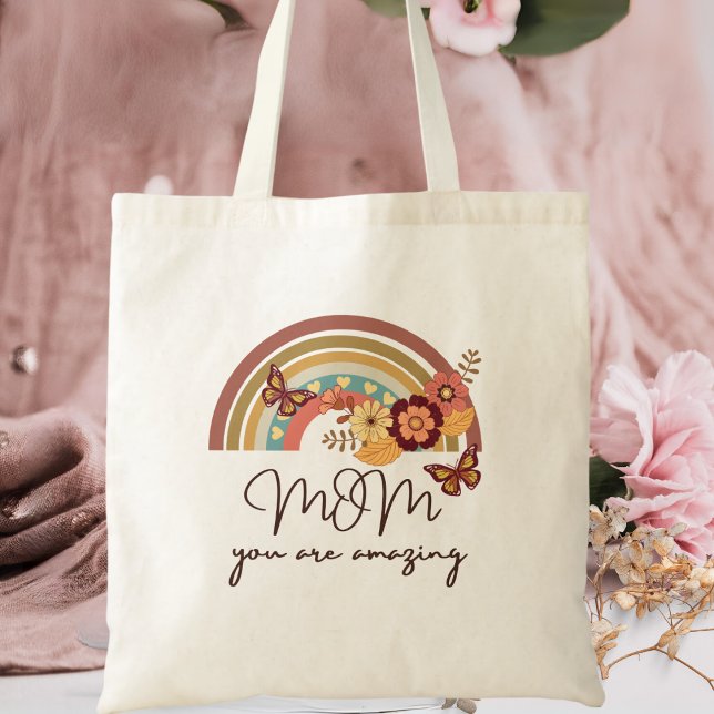 Retro Modern Rainbow Flower , MOM You Are Amazing Tote Bag (Creator Uploaded)