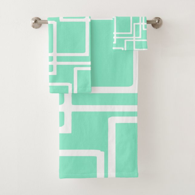 Retro Modern Rectangles On Diluted Aqua Bath Towel Set (Insitu)