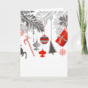 Retro Modern Red & Grey Christmas Ornaments Holiday Card