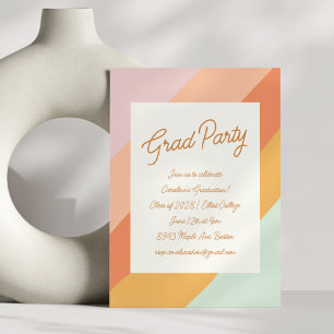 Retro Modern Script Pastel Stripe Graduation Party Invitation