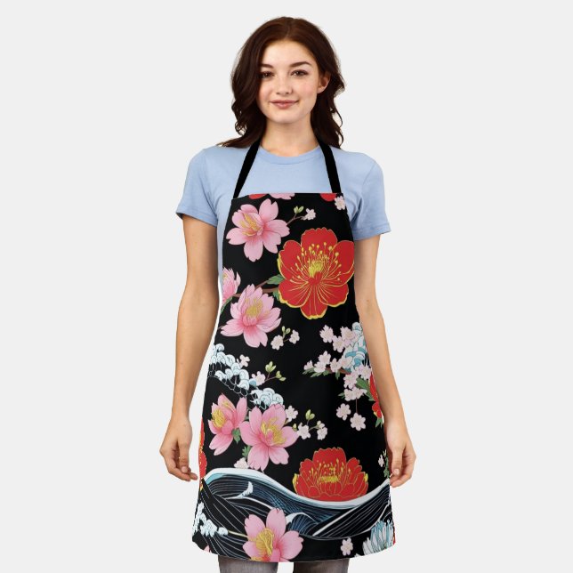 Retro Modern Seigaiha Sakura Flowers Japan party Apron (Worn)