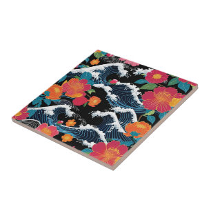 Retro Modern Seigaiha Sakura Flowers Japan party Ceramic Tile