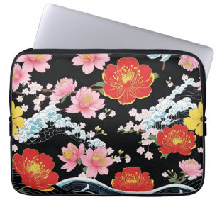 Retro Modern Seigaiha Sakura Flowers Japan party Laptop Sleeve
