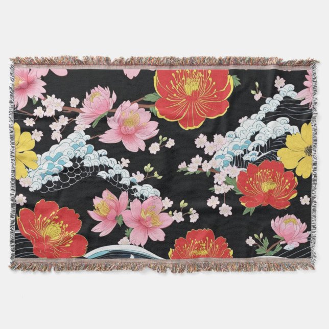 Retro Modern Seigaiha Sakura Flowers Japan party Throw Blanket (Front)