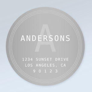 Retro-modern Silver Grey Look Monogram & Address Classic Round Sticker