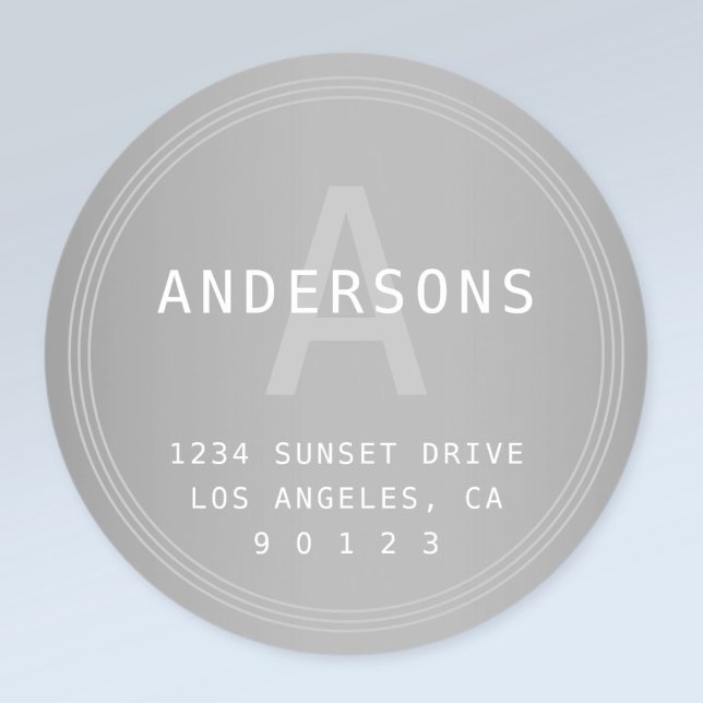 Retro-modern Silver Grey Look Monogram & Address Classic Round Sticker (Creator Uploaded)
