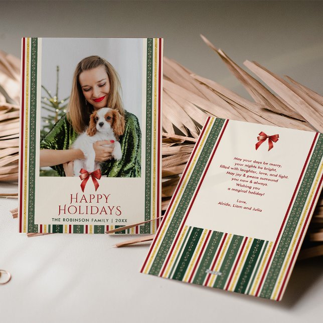 Retro Modern Stripes & Bow Merry Christmas 1 Photo Holiday Card (Creator Uploaded)