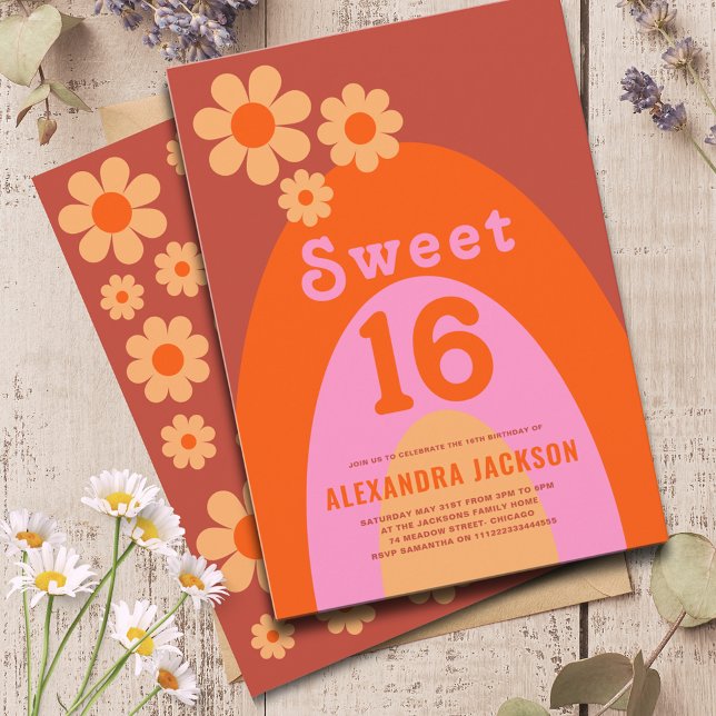 Retro Modern Sweet 16 Birthday Party Invitation (Sweet 16 retro groovy daisy arch orange and pink 16th birthday party invitation )