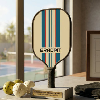 Retro Modern Teal Blue Rally Stripes with Name Pickleball Paddle
