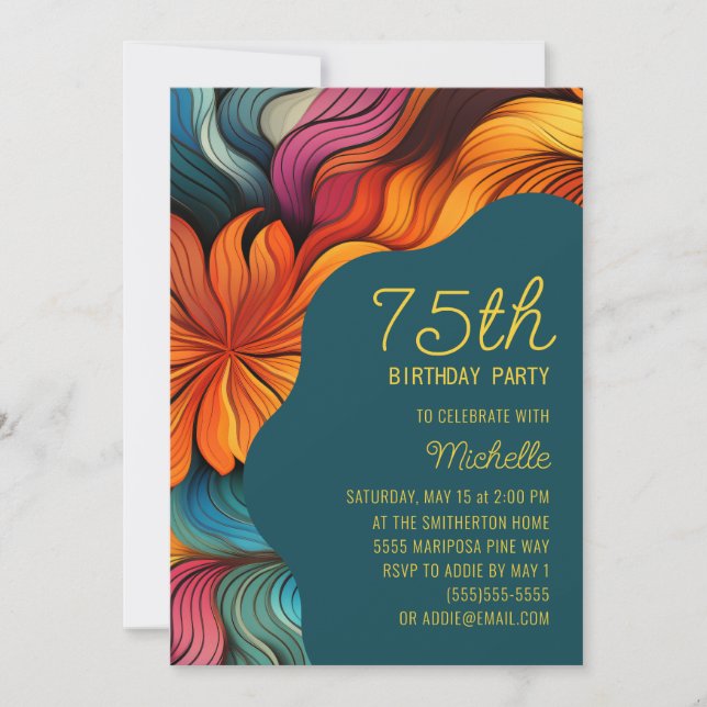 Retro Modern Teal Orange Psychedelic 75th Birthday Invitation (Front)