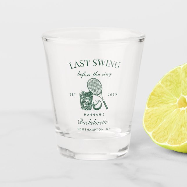 Retro Modern Tennis Bachelorette Weekend Party Shot Glass (Front)