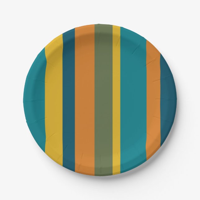 Retro Modern Vertical Stripe Pattern Teal Orange Paper Plate (Front)