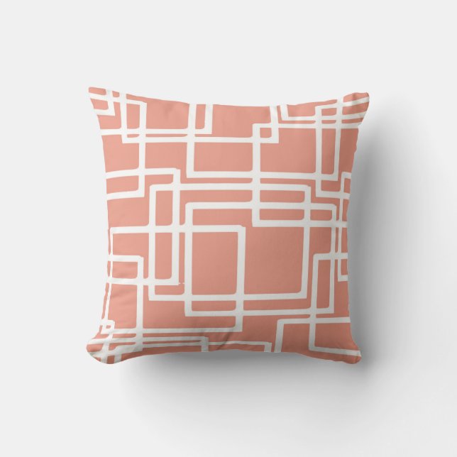Retro Modern White Rectangles On Coral Cushion (Front)