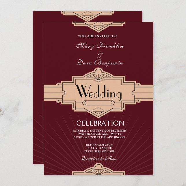 Retro Moderne Burgundy Rusty Art Deco Wedding Invitation (Front/Back)