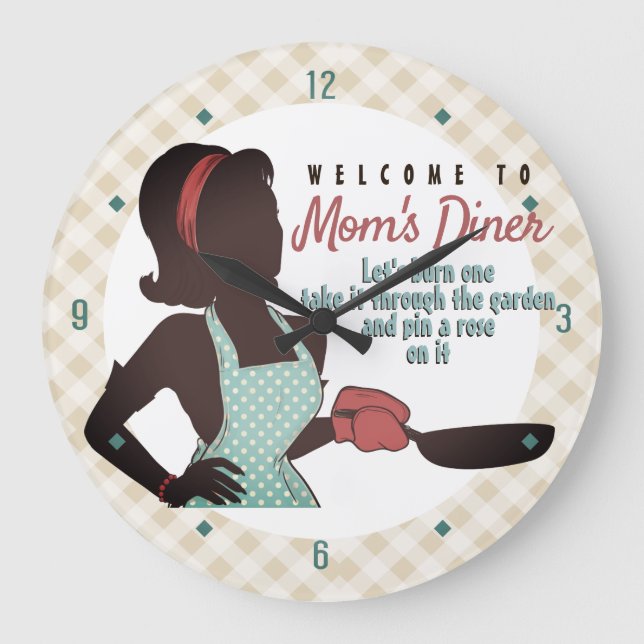 Retro Mom's Diner lingo frying pan kitchen clock (Front)