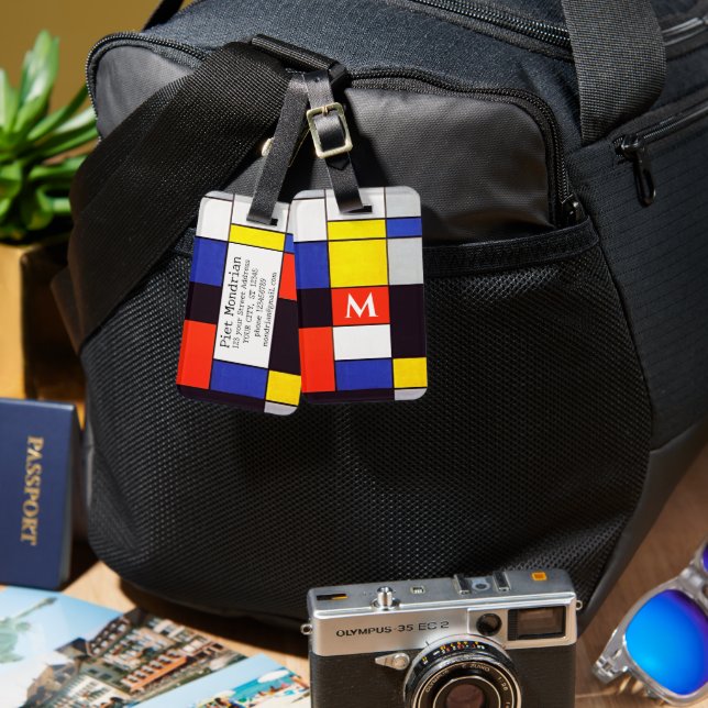 Retro Mondrian Geometric Custom Monogram Luggage   Tag (Front & Back)