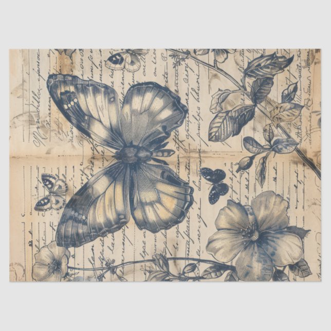 Retro monochrome ink butterfly stamp tissue paper (Front)
