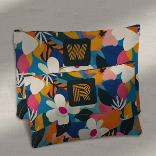 Retro Monogram 70s Boho Modern Floral Pattern Accessory Pouch