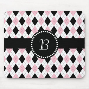 Retro Monogram Argyle Pattern Pink White Black Mouse Pad