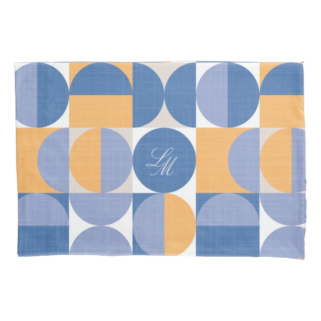 Retro Monogram Blue Yellow Mid-Century Circles Pillowcase (Front)