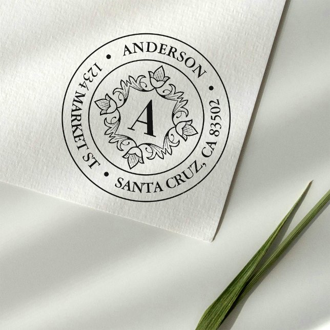 Retro Monogram Frame Round Return Address Rubber Stamp (Creator Uploaded)