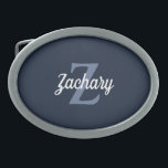 Retro Monogram Navy Blue White Belt Buckle<br><div class="desc">This belt buckle features a blue monogram initial and white retro script name on a navy blue background.</div>