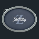 Retro Monogram Navy Blue White Belt Buckle<br><div class="desc">This belt buckle features a blue monogram initial and white retro script name on a navy blue background.</div>