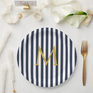 Retro Monogram Navy Blue & White Stripes Striped Paper Plate