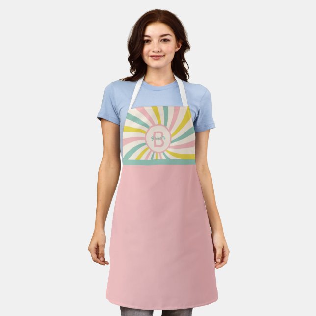 Retro monogram, pink apron (Worn)