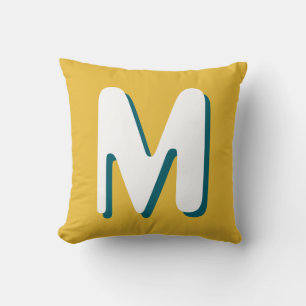Retro Monogram Teal White Yellow Cushion