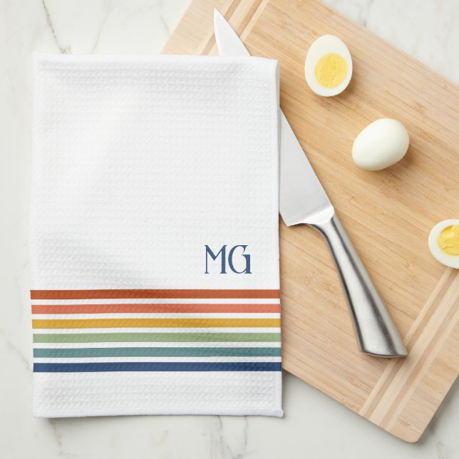 Retro Monogrammed Minimalist Stripes Tea Towel (Quarter Fold)