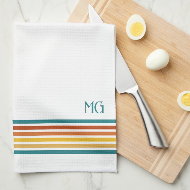 Retro Monogrammed Minimalist Stripes Tea Towel (Quarter Fold)
