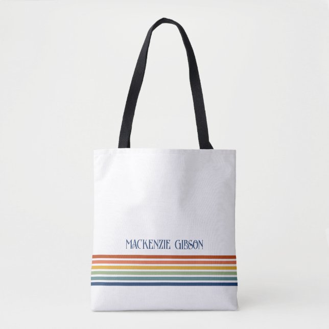 Retro Monogrammed Minimalist Stripes Tote Bag (Front)