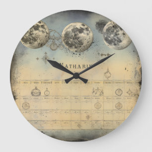 Retro Moon Phase Almanac - Nostalgic Celestial Ele Large Clock