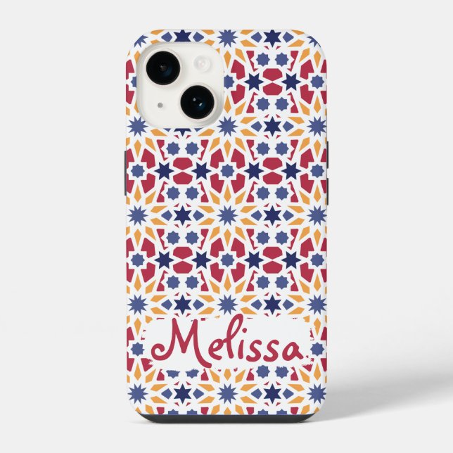 Retro Moroccan Zellije Pattern with Name iPhone Case (Back)