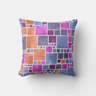 Retro Mosaic Squares Orange Violet Grey Vintage Cushion