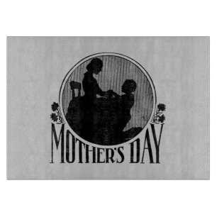 Retro Mother's Day Silhouette Light Grey Glass Cutting Board