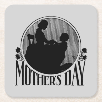 Retro Mother's Day Silhouette Light Grey Square Paper Coaster