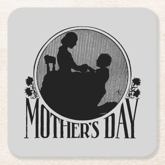 Retro Mother's Day Silhouette Light Grey Square Paper Coaster (Front)