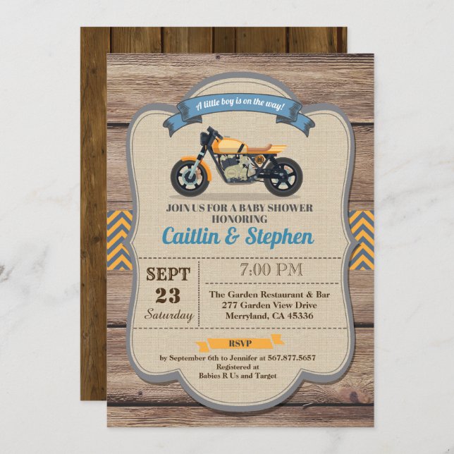 Retro motorbike baby shower invitation Yellow bike (Front/Back)