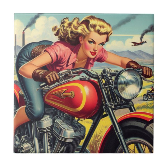 Retro Motorcicle Pin-up Ceramic Tile (Front)