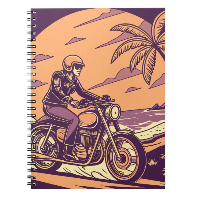 Retro Motorcycle Adventure – Tropical Beach Notebook (Front)
