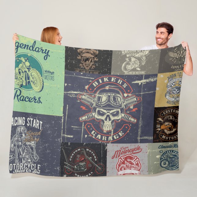 Retro Motorcycle Design Fleece Blanket (In Situ)