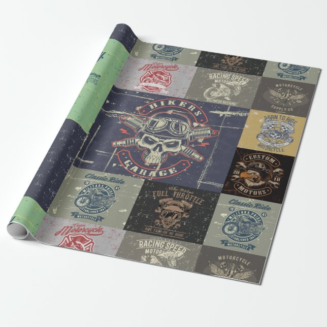 Retro Motorcycle Design Wrapping Paper (Unrolled)