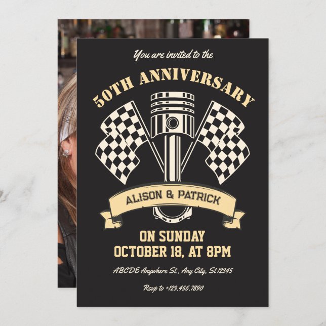 Retro motorcycle mechanic wedding anniversary invitation (Front/Back)